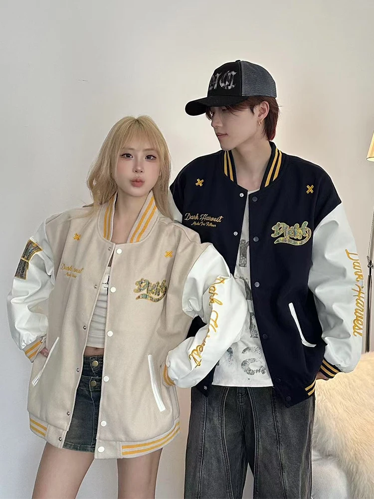Chaqueta de Béisbol Estilo Americano Hoada para Parejas, Diseño de Bloques de Color con Parches, Prenda Exterior con Insign...
