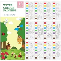 12 pages New Children's Watercolor Coloring Book,Student Coloring And Drawing Book, With Built-in Watercolor Paint Pens