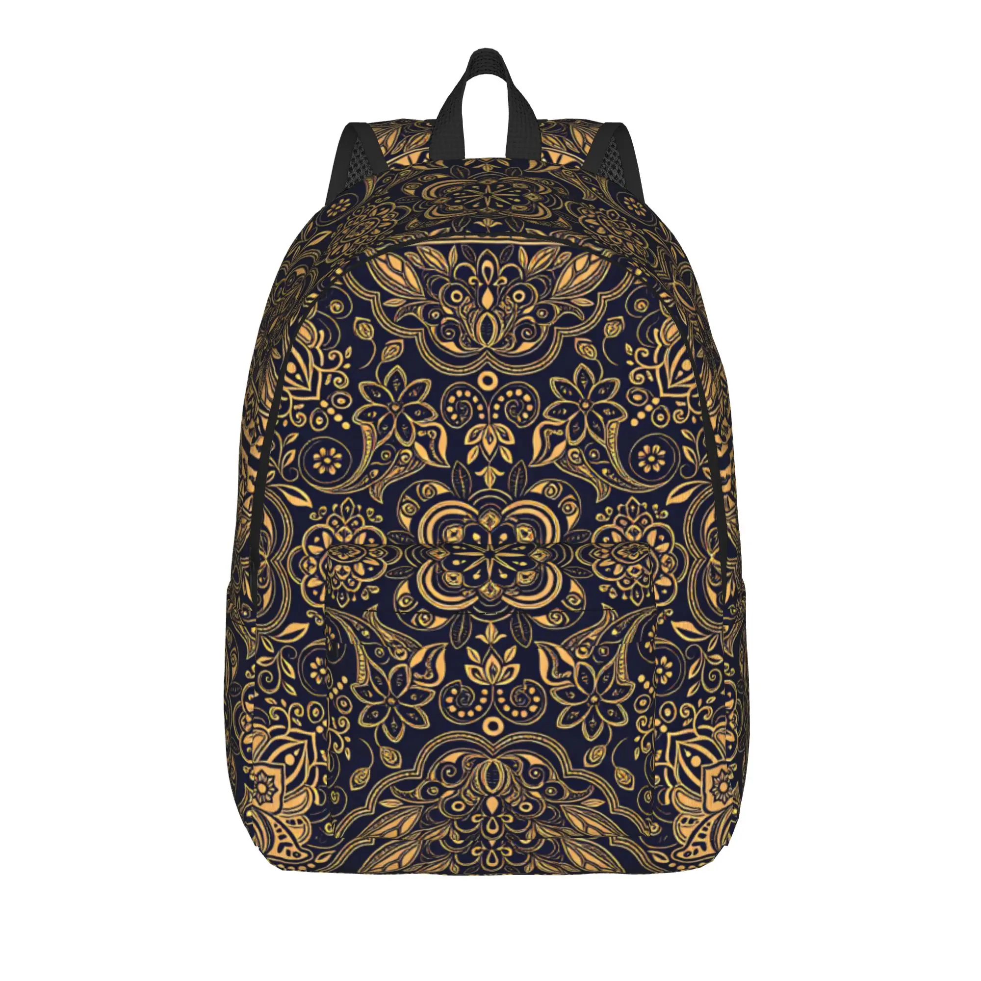 Navy Gold Vintage Floral Mandala Backpack  Trekking Backpacks Women Men Kawaii School Bags Design Big Rucksack