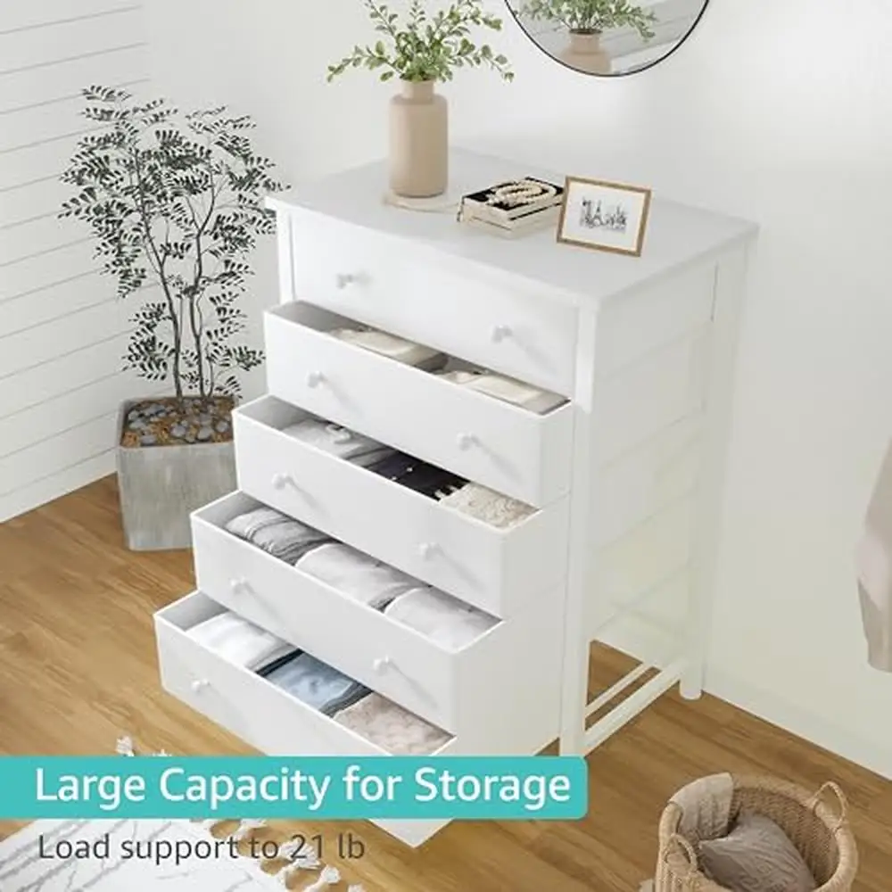 Tocador de tela blanca con 5 cajones, organizador de madera, soporte superior de 40 pulgadas para TV, entrada, dormitorio, almacenamiento moderno para niños