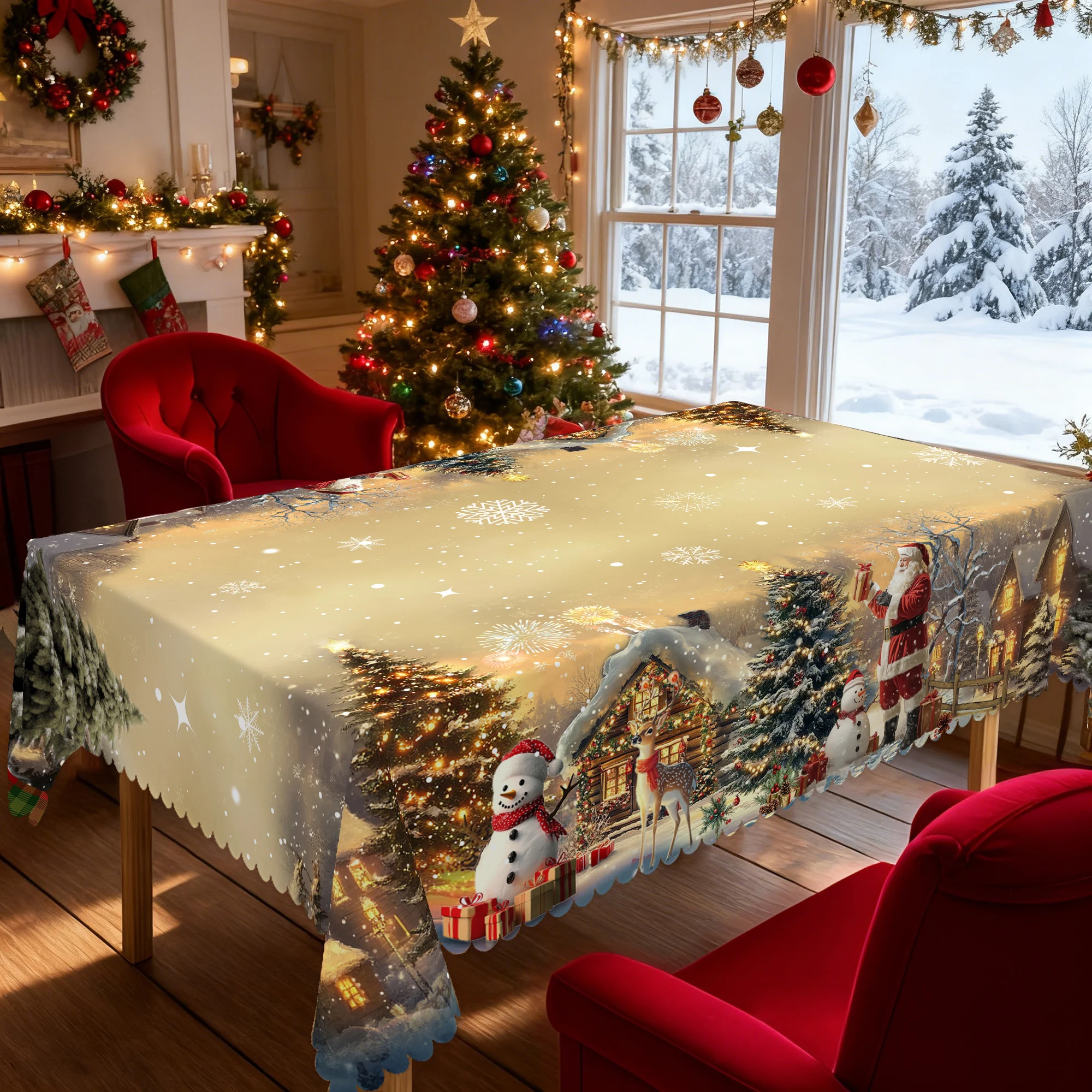 1 pièce de nappe imprimée en or sur le thème de Noël, style vintage, avec des motifs du père Noël, des bonhommes de neige, de la ferme et de l'arbre de Noël, adaptées au Noël, aux fêtes du Nouvel An,