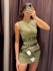 HH Women's Fashion Street Dress Sleeveless Round Neck Army Green Belt Decoration Slim Cargo Sundress Vintage Trendy Dress