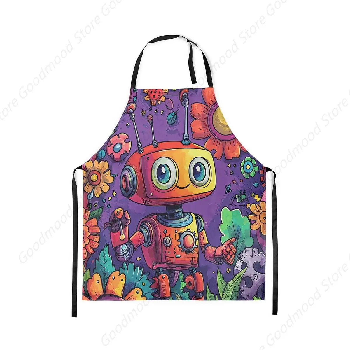 

Vintage Robot Apron Watercolor Hippie Flower Chef Aprons for Kitchen,Intelligent Machine Waterproof Apron