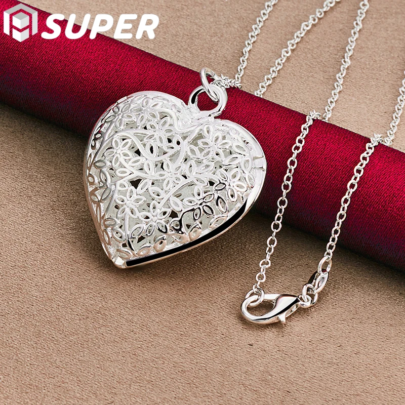 

925 Sterling Silver Carved Heart Pendant 18-30 Inch Snake Chain Necklace For Woman Fashion Wedding Party Charm Jewelry