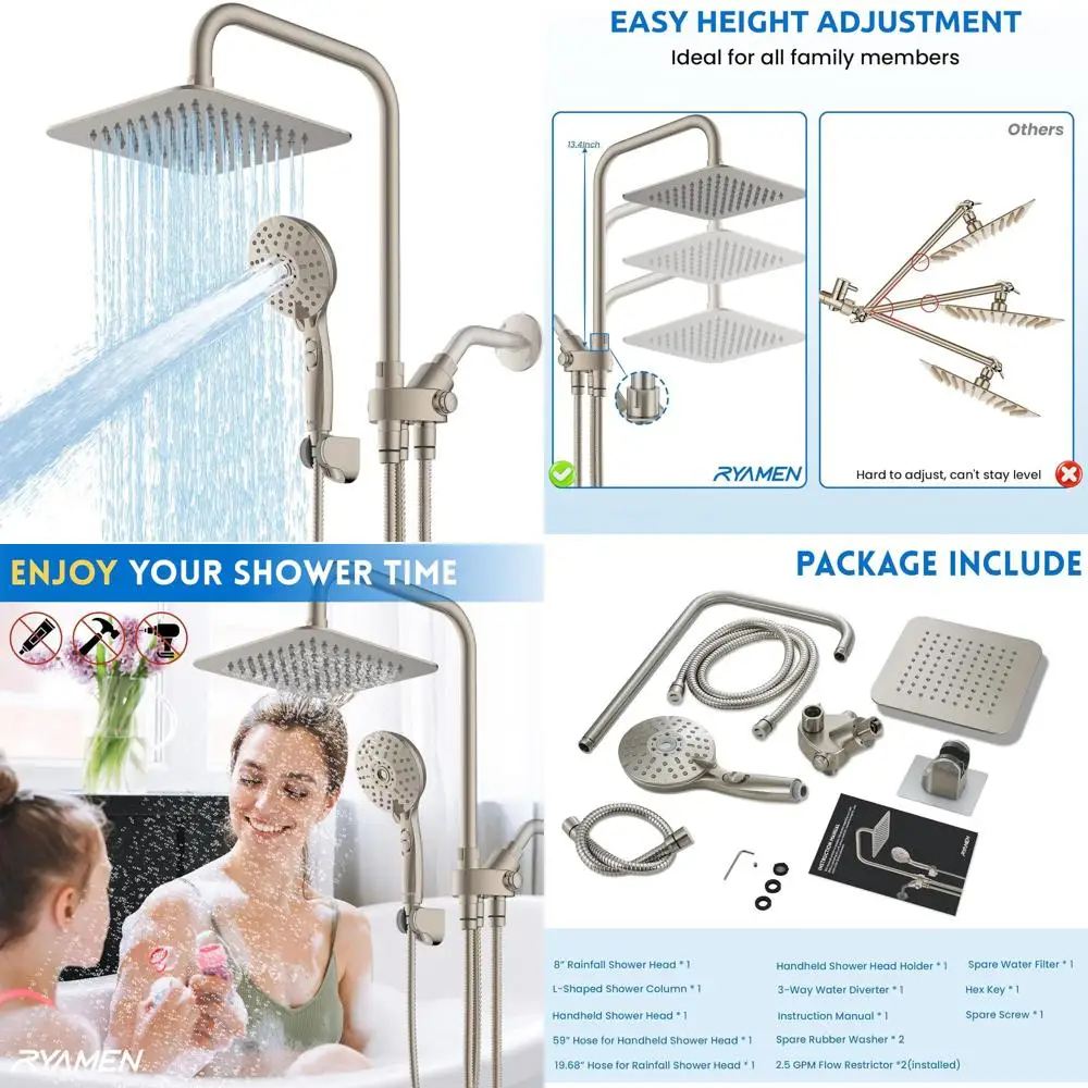 

8 Dual Shower System: High-Purity Rainfall Head with 6-Setting Adjustable Handheld, Height Adjustable, Brushed Nickel Finish