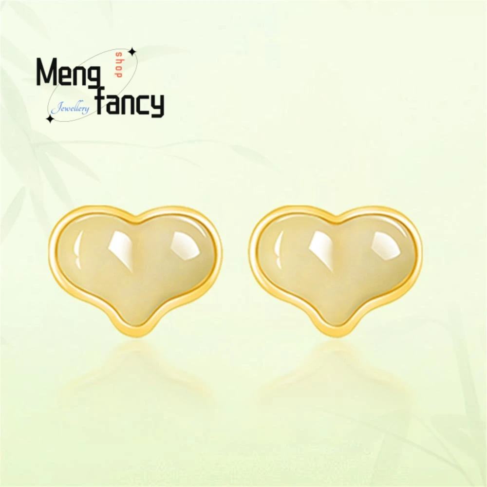 

Genuine Natural Old Material Hetian Jade Heart-shaped Earrings S925 Silver Inlaid Ice-transparent Elegant Simple Fashion Jewelry