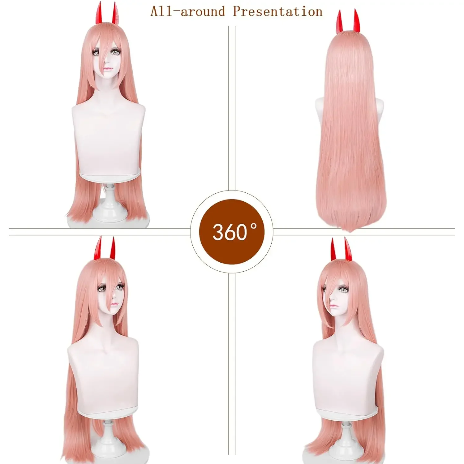 Perruque de Cosplay Orange avec cornes pour femmes et filles, cheveux longs et lisses, Anime gingembre, avec frange