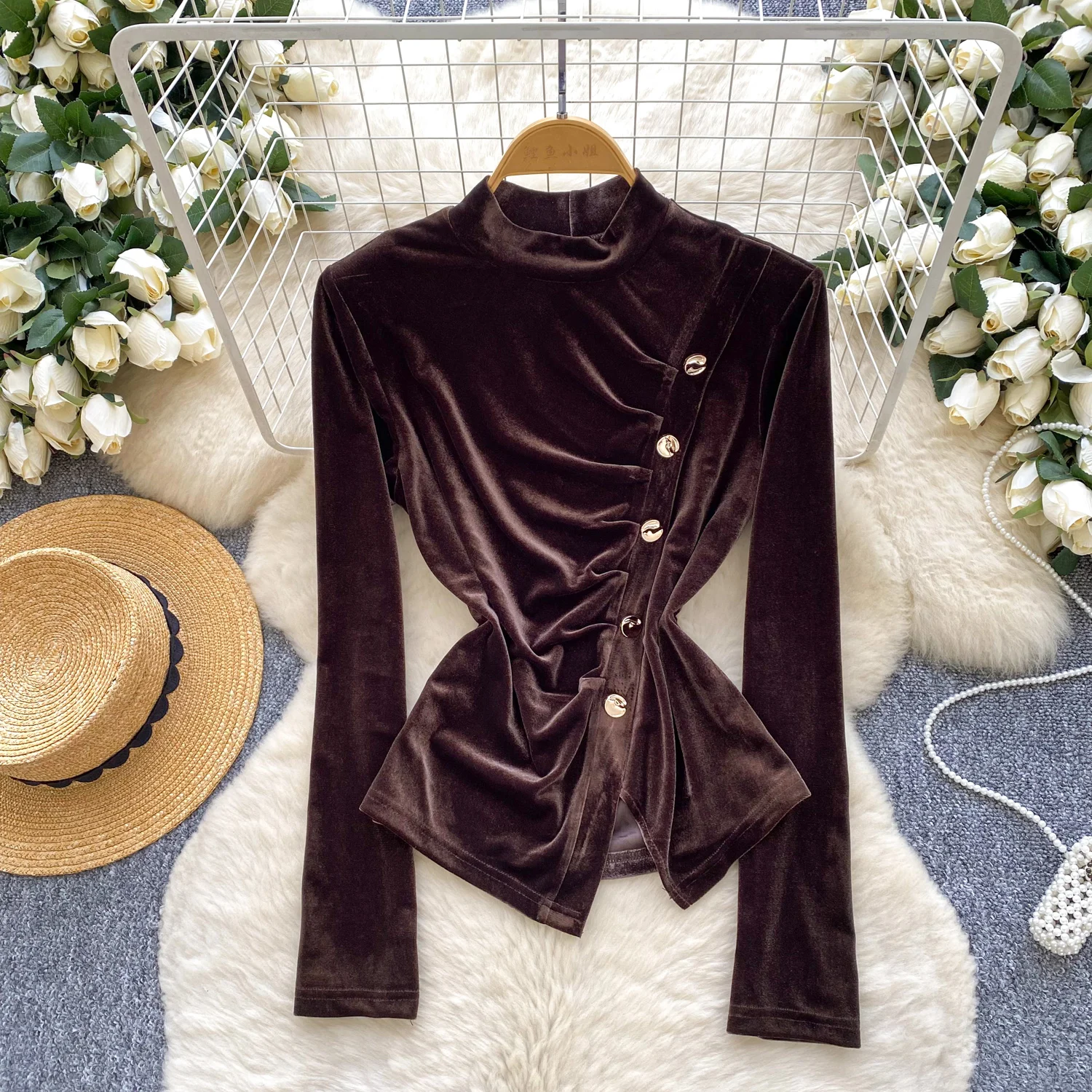 

Vintage Elegant chic long sleeve split button velour Blouse Fashion Shirt Casual Fairy Women Shirt