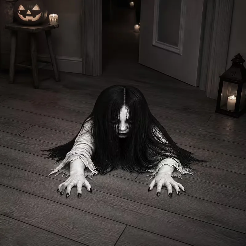 Halloween-Grusel-Bodenaufkleber und Wandaufkleber mit langhaarigem weiblichem Geist, furchteinflößiger kriechender Geist im Sadako-Stil – Detail 2