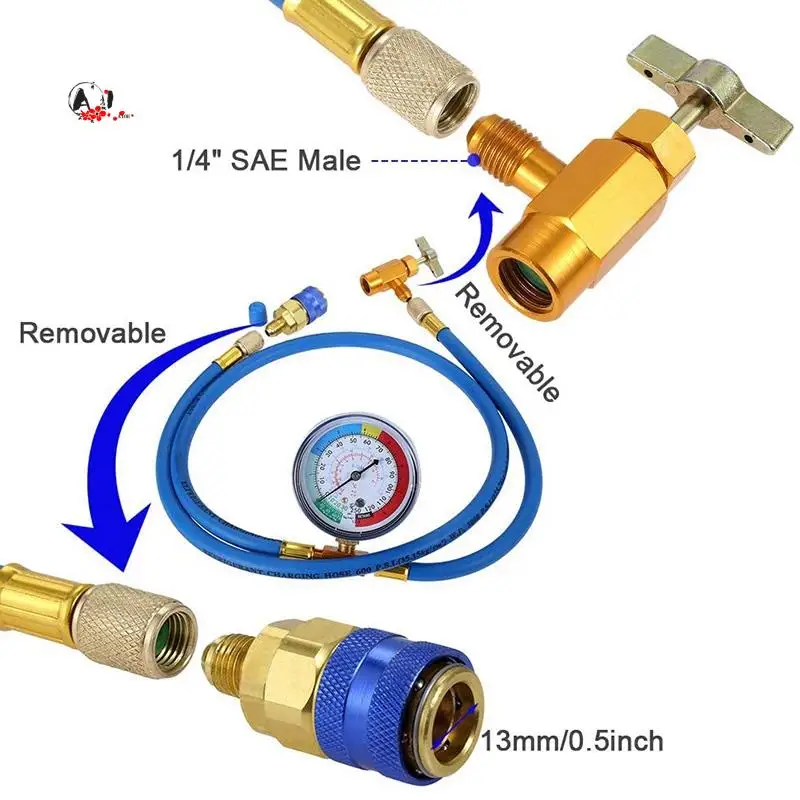 

A10E-R134A Charging Hose To Refrigerator -With Air Conditioning Gauge - Refrigerant R134A Can Tap To R-12/R-22 Port