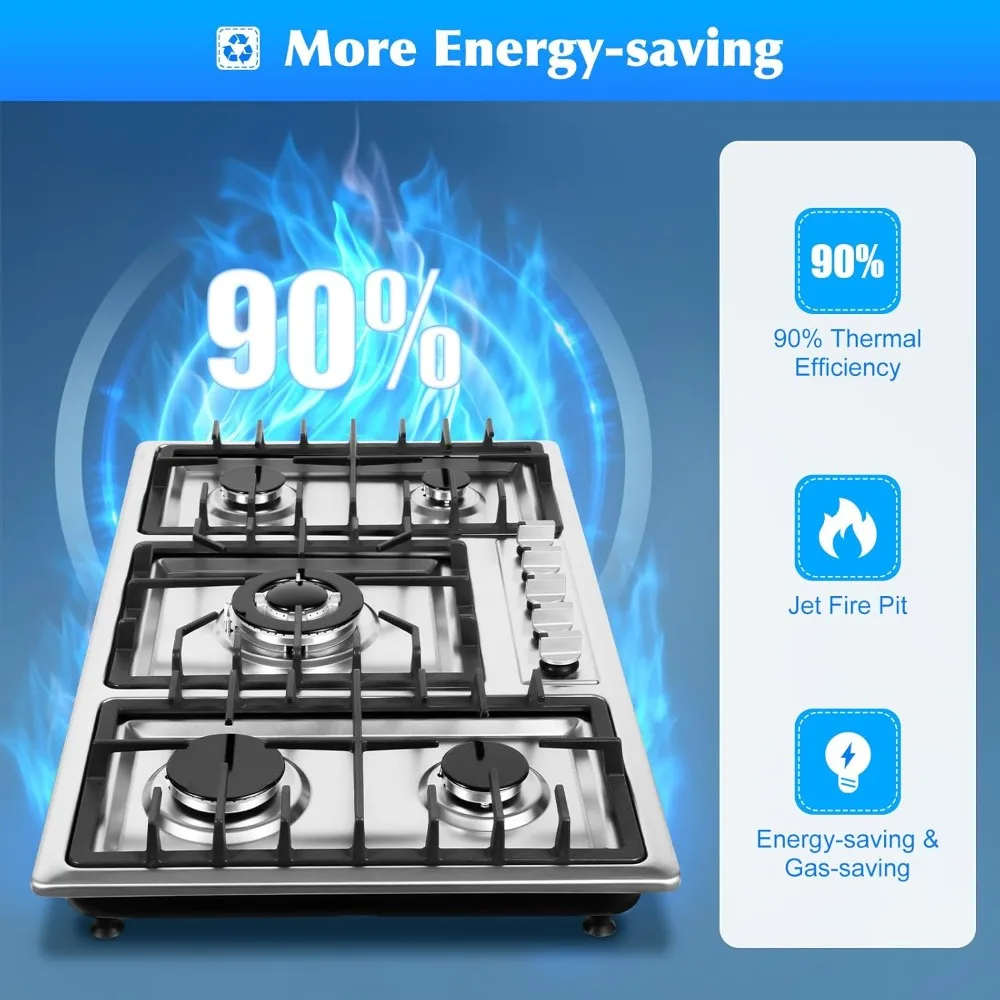 Gas Cooktop 5 Burner Gas Stove NG/LPG Convertible Gas Cooktops Gas Countertop Plug-in with Drop-In Gas Stove Top Stainless Steel