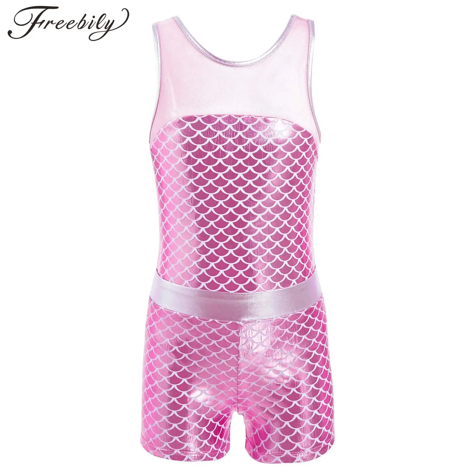 

Kids Girls Sleeveles Fish Scales Printed Gymanstics Leotard and Shorts Set Childs Ballet Leotards Dance Wear Performance Costume