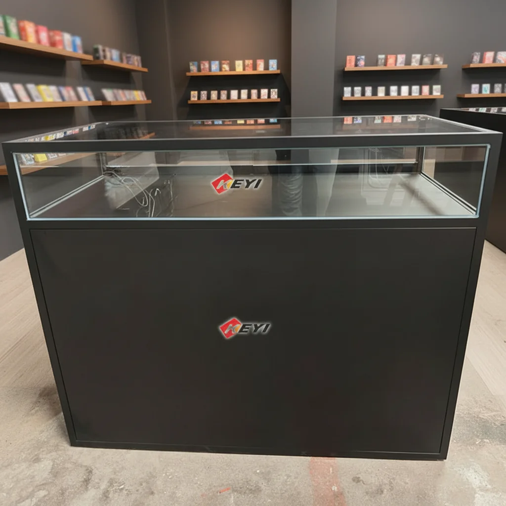 Factory Customized Glass Display Cabinet Led Light Sliding Door Display Rack Black Metal Jewellery Showcase