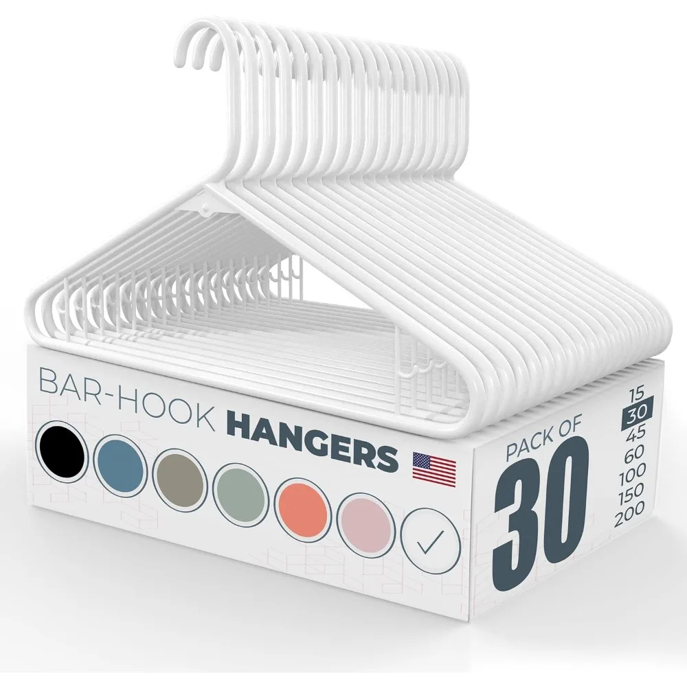 

30 Pack White Plastic Clothes Hangers Made in USA 6lb Capacity with Strap Hooks