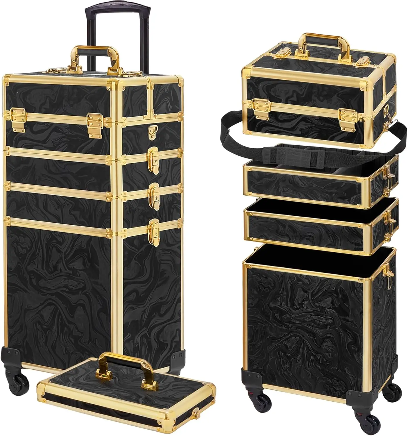 

5-in-1 Rolling Makeup Train Case with Detachable Compartments, Wheels, and Lid for Professional Salon Use