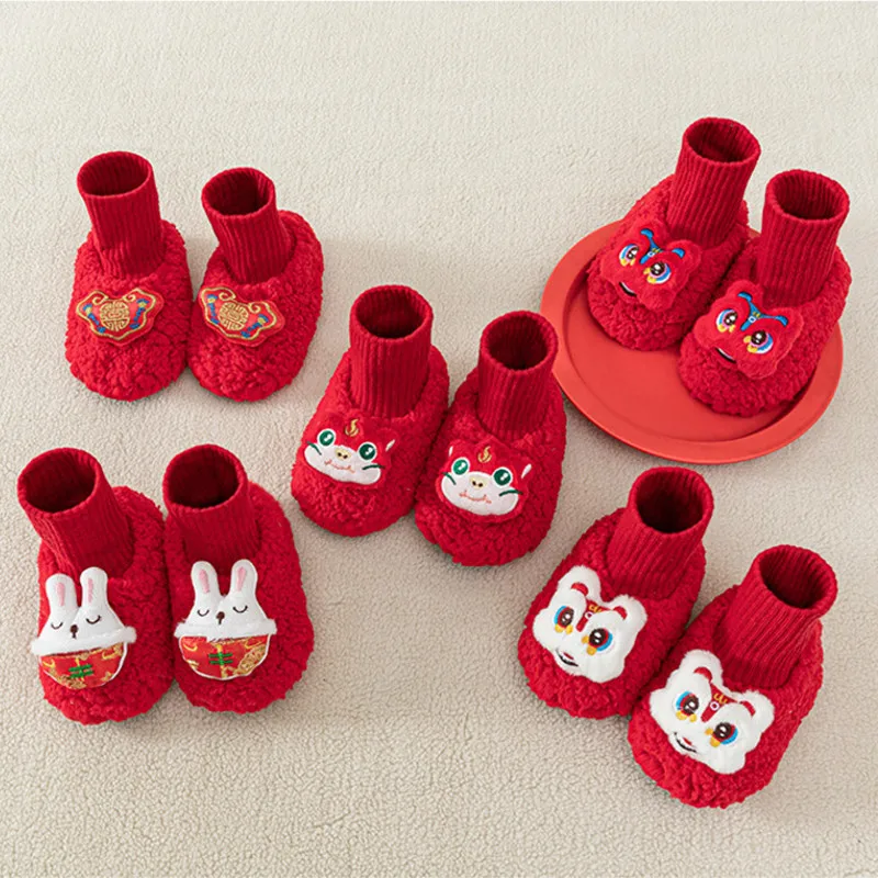 New Year Red Floor Sock Anti Slip Baby Soft Soled Shoes Thicken Velvet Warm Footwear Winter Newborn Plush Long Socks 6-24Month