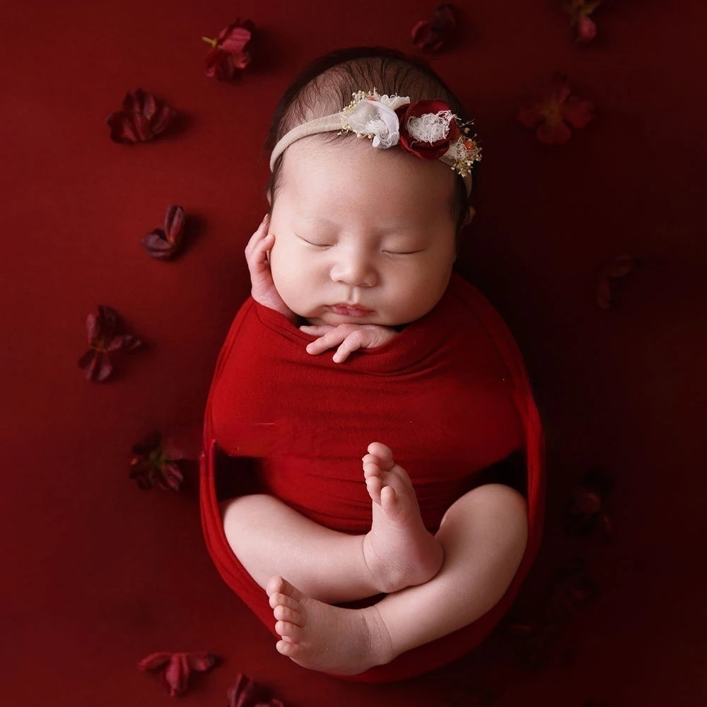 Accesorios de fotografía para recién nacido, envoltura suave y elástica para bebé, tocado de flor roja, accesorios de estudio de fotografía infantil, 6 piezas por juego