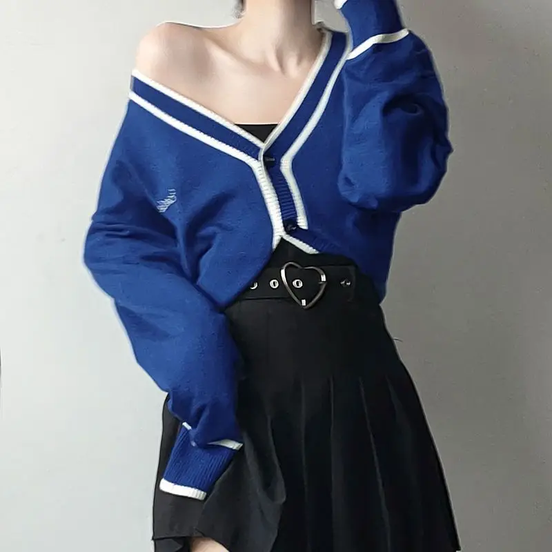 Sweater Knitted Cardigan Embroidered Single-Breasted Klein Blue American Preppy Style Women'S Loose Slim Coat Trendy