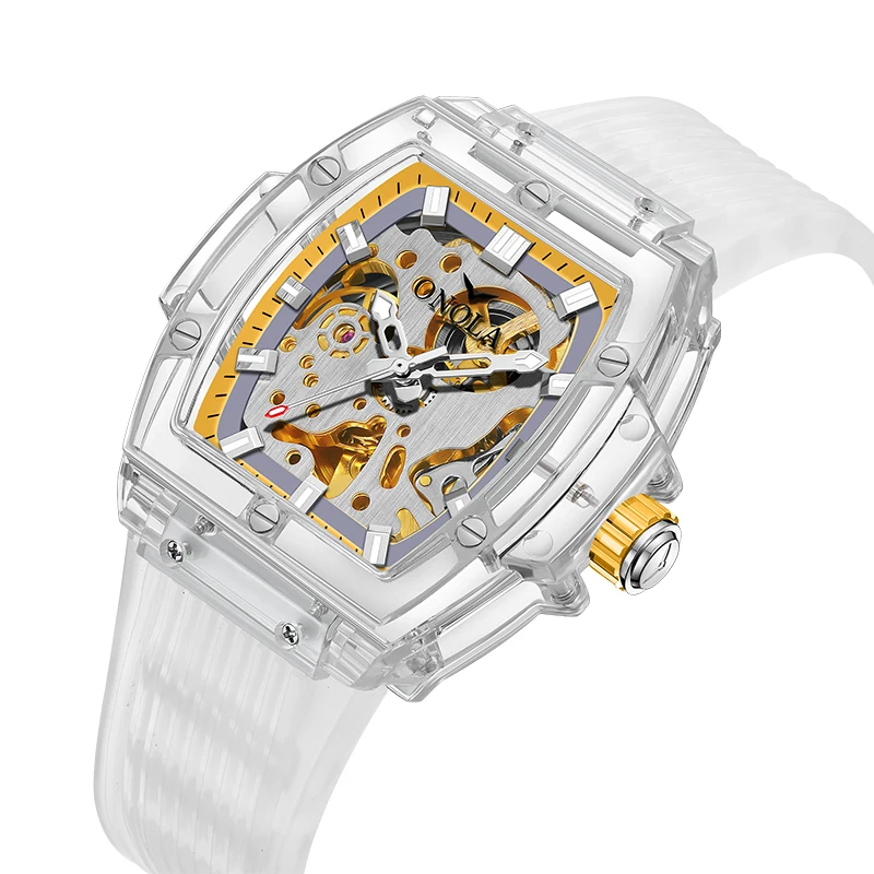 ONOLA Watch For Men Ladies Fashion Wristwatch Automatic Square Hollow Casual Waterproof Transparency Mechanic Watches