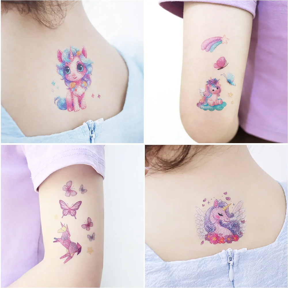 Einhorn-Meerjungfrau-Tattoo Buntes Glitzerpulver Wasserdichter Temporärer Aufkleber Niedliche Cartoon-Körperkunst Arm-Fake-Tattoos – Detail 6