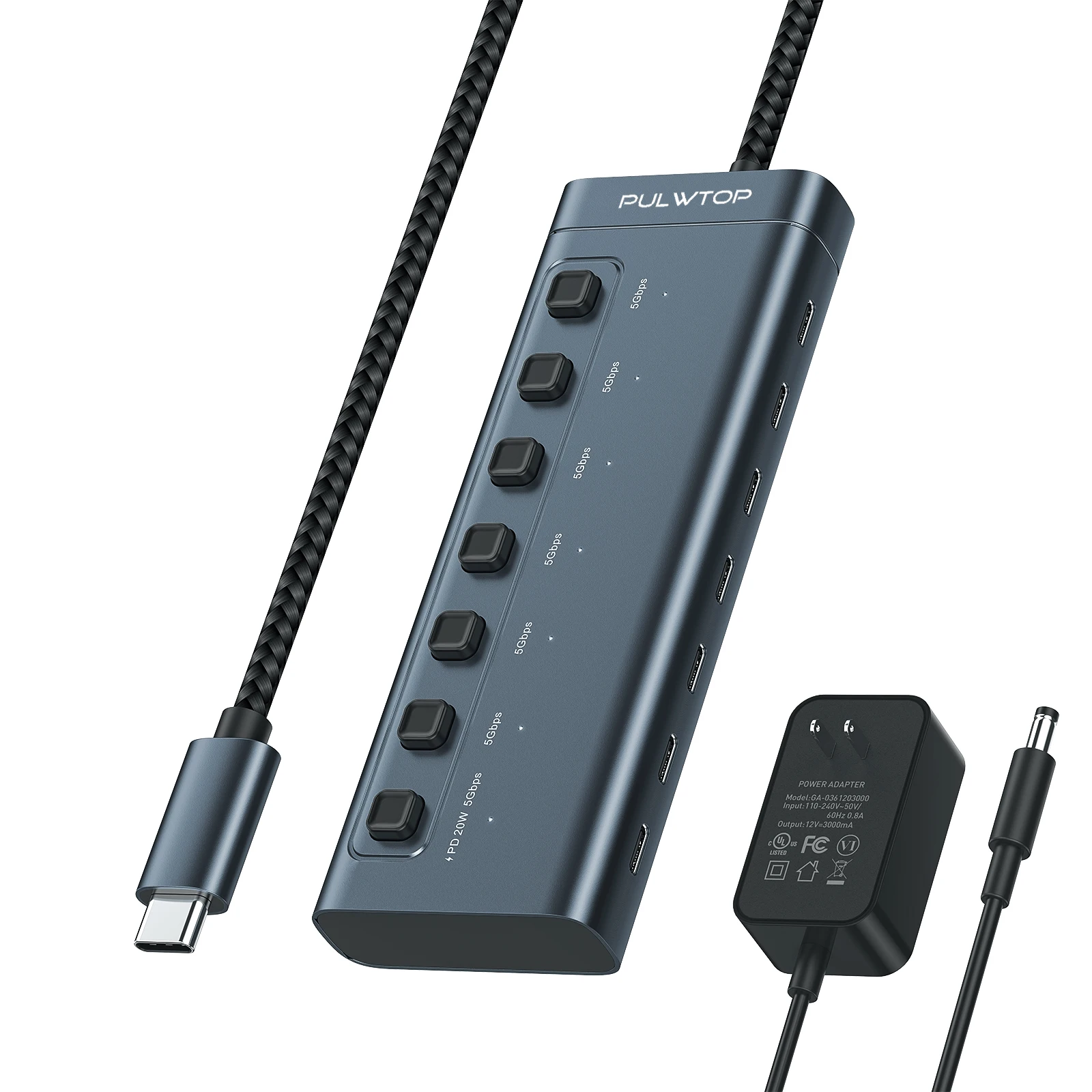 

PULWTOP 5Gbps USB C Hub with Independent Switch 7-Port 20W PD Charging for Laptop Accessories