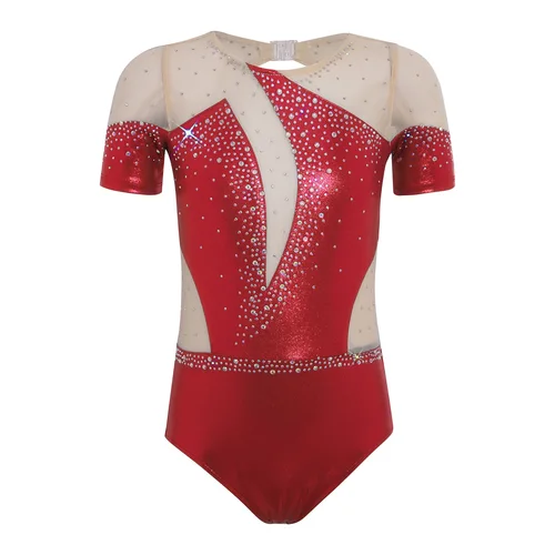 Imagen 2 del producto Leotardos de baile de patinaje artístico para niñas, traje de manga corta con recortes en la espalda, mono de malla transparente con diamantes de imitación, Ropa de baile de Ballet