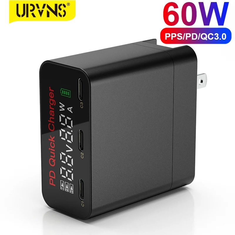 

URVNS 60W USB C GaN Wall Charger 3port Type-C PD60W 45W 30W Fast Adapter with Power LCD Display for MacBook iPhone Samsung Phone