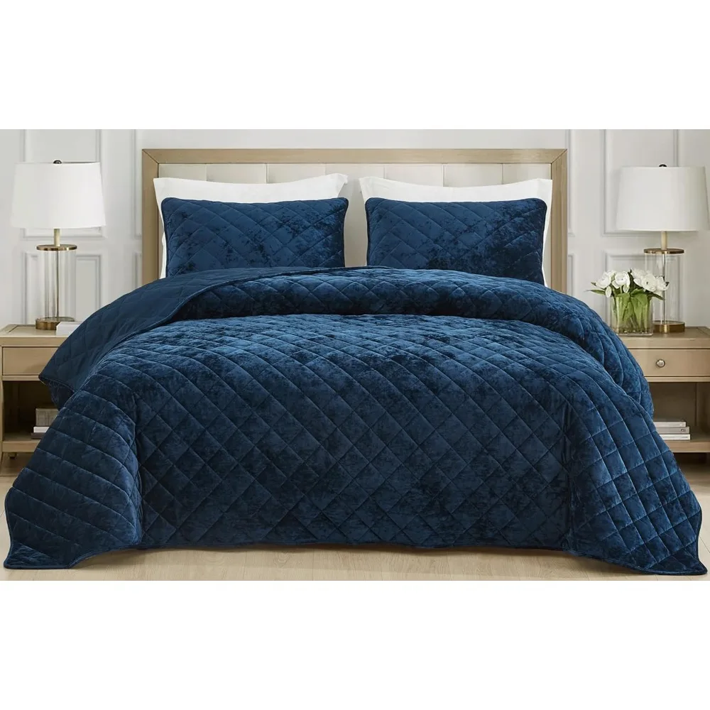 

Luxury Navy Blue Velvet Oversized King Quilt Set, 3-Piece Plush Distressed Velvet Bedding for All Seasons, Lightweight