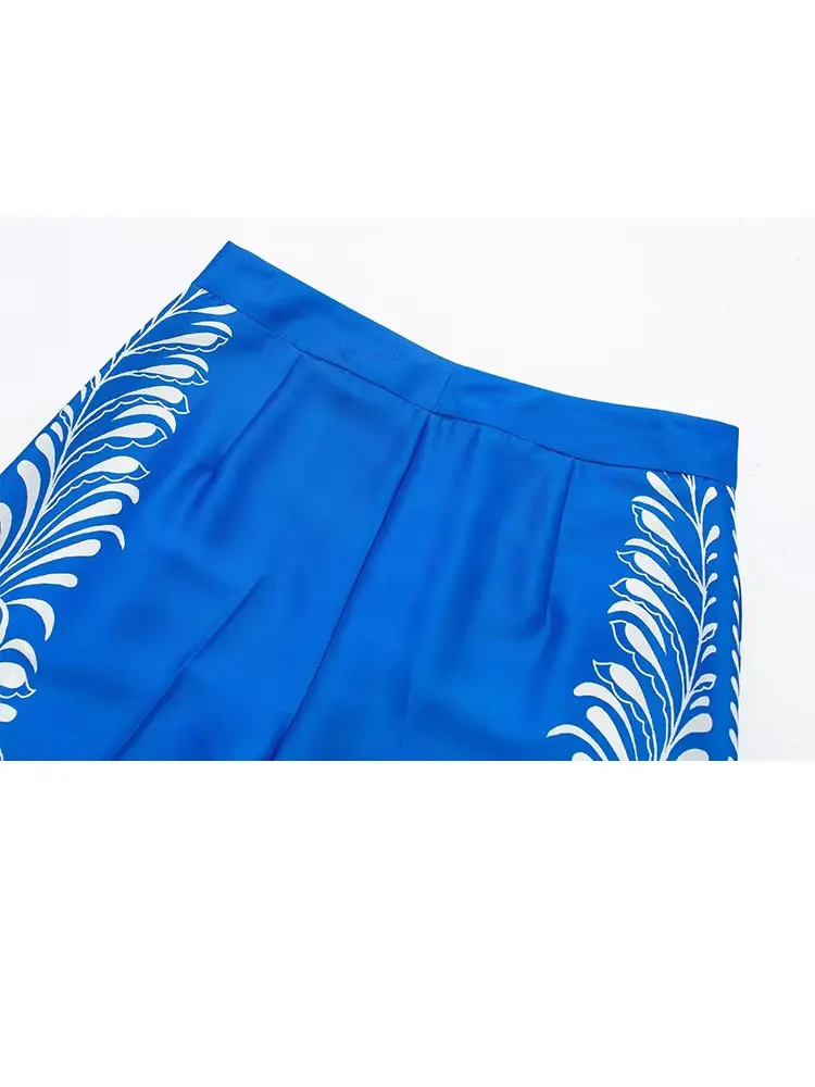 HH Woman Fashion Spring Wide Leg Pants Blue Print High Waist Pockets Button Zipper Trousers Female Bohemian Style Long Pants