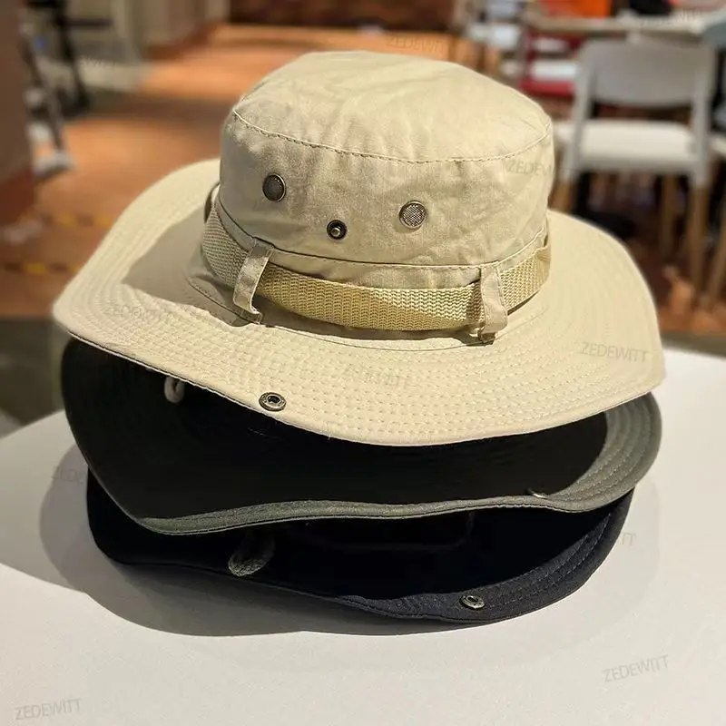 Breathable Men Women Wide Brim Fisherman Hat Sun Hat Camping Hat with Rope Anti Snout Outdoors Mountaineering Hiking Fishing Cap