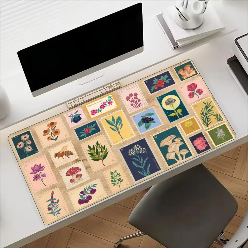 Cute Square Floral Sticker Collage Large Gaming Mouse Pad Non Slip Rubber Desk Mat For Laptop Keyboard Home Office Desktop