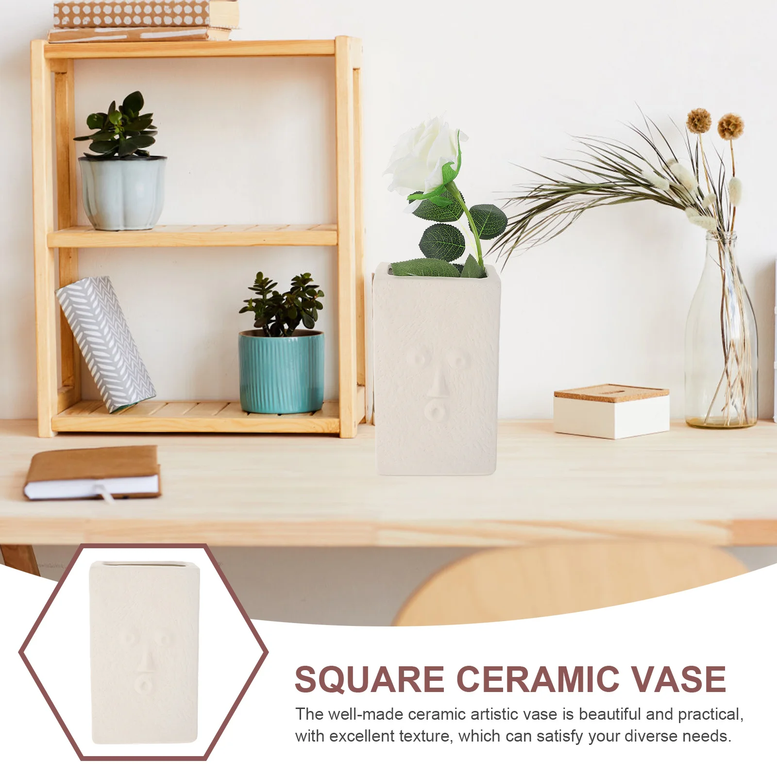 

1Pcs Square Face Ceramic Flower Vase Portable Desktop Ornament Home Decorative Container Nordic Style Dry Flower