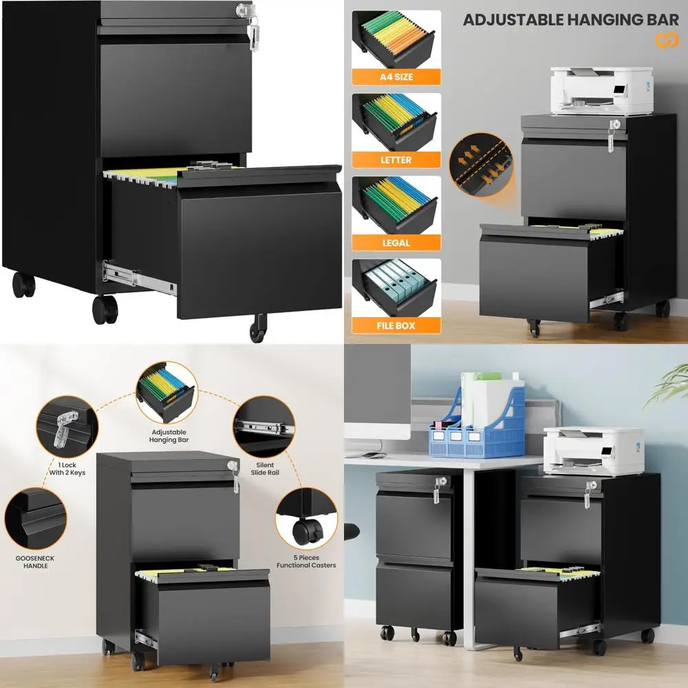 Secure Rolling Metal File Cabinet for Home Office, 2-Drawer Storage with Lock, Compact Under Desk Filing System