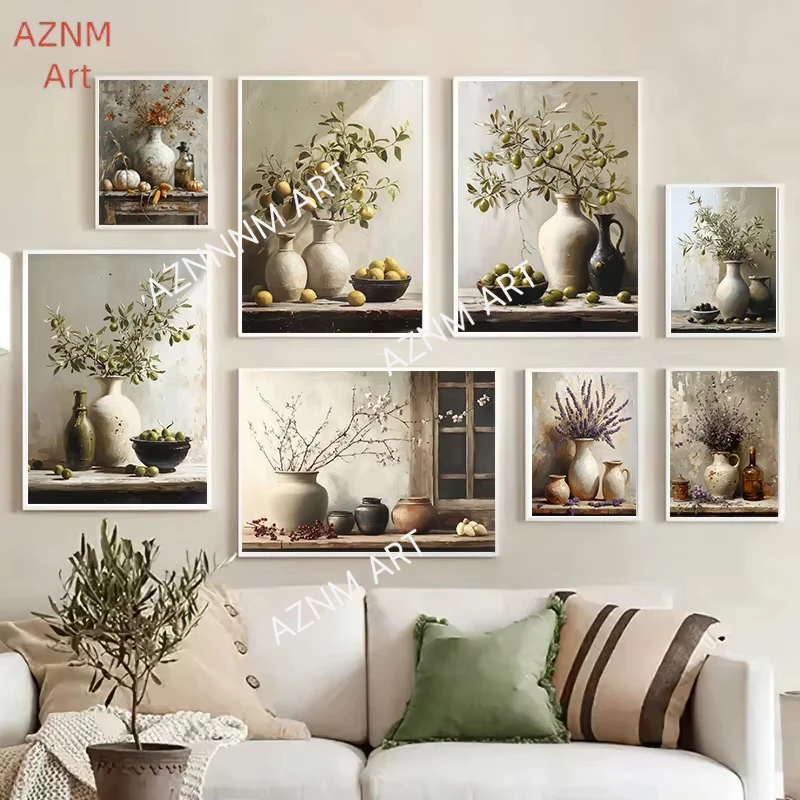 Vintage Stillleben Poster Drucke Zitrone Olivenbaum Pflanzen in Vase Wandkunst Leinwand Malerei Botanische Antike Home Room Decor