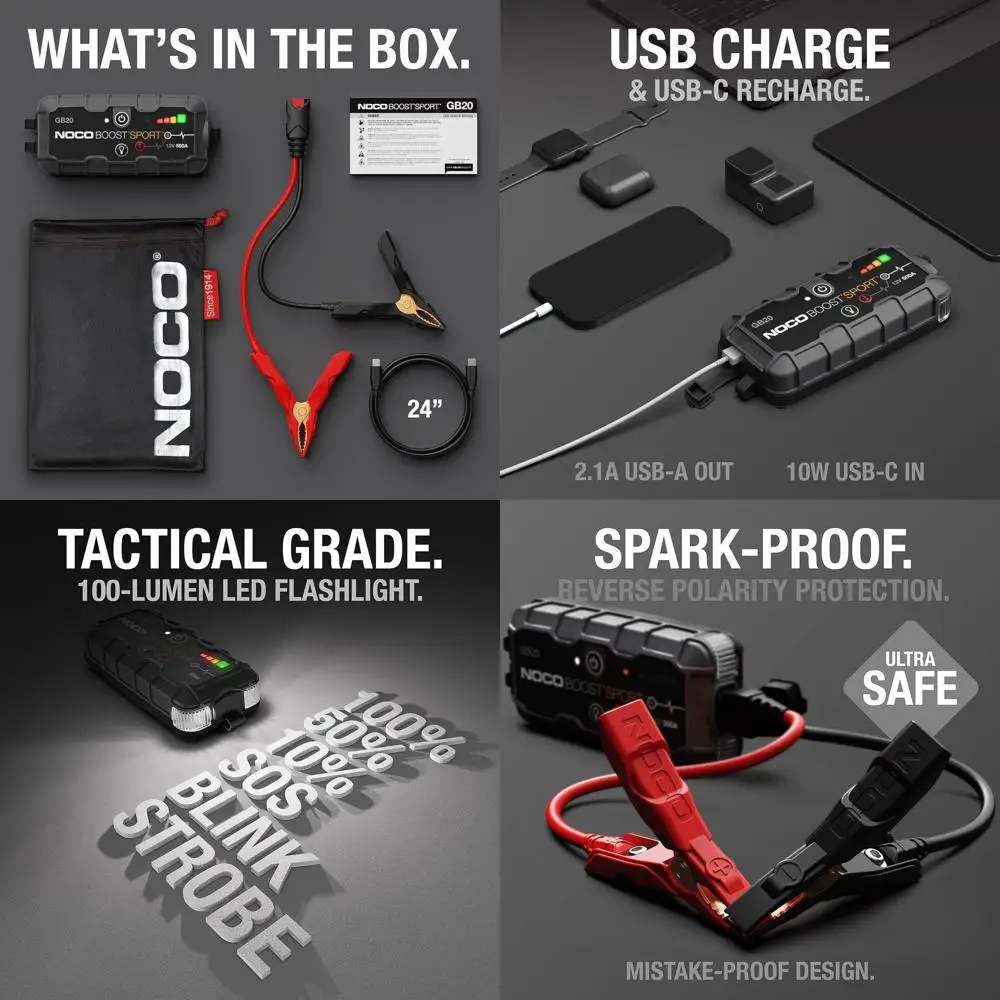 

Boost GB20: 500A UltraSafe Jump Starter – 12V Lithium Battery Booster Pack, Portable Jump Box, Power Bank & Jumper Cables - for