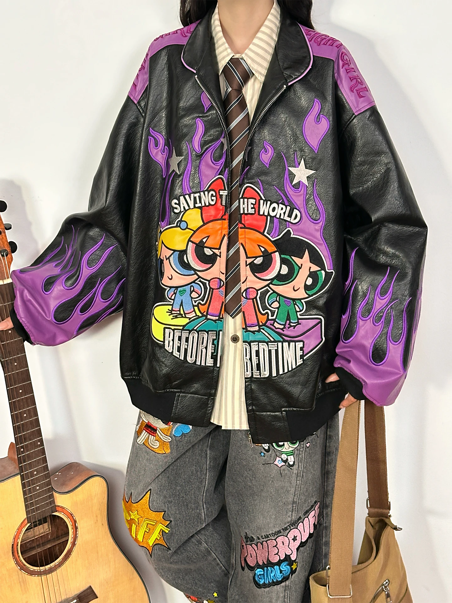 Original American Retro Fire Girl Embroidered Patchwork Leather Jaet Women's Trendy Streetwear Warm Long Sve Zipper Coat