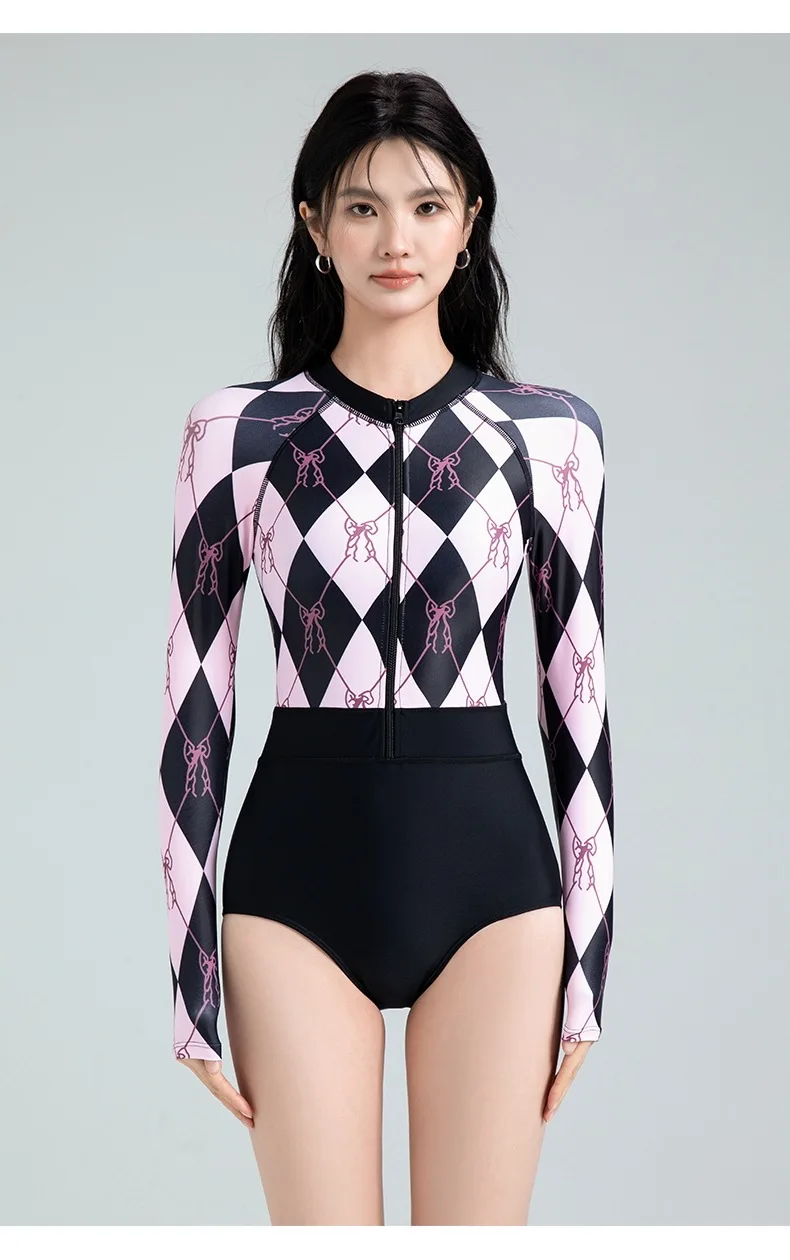 Women Swimwear One Piece Surfing Suit Swimwear Bow Patchwork Print Zipper Padded High Waist Bathing Vacation UV Protection