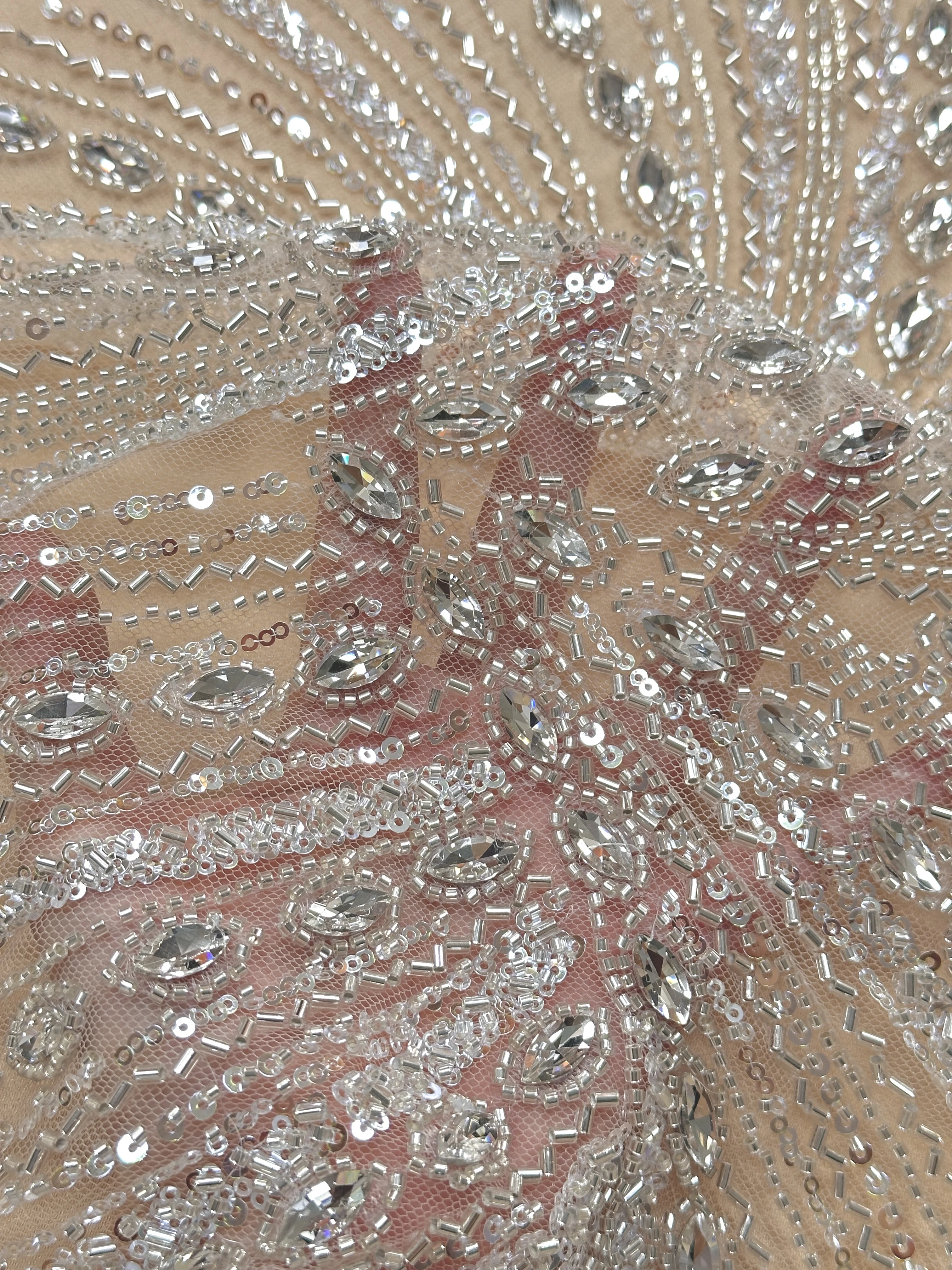 Luxury French Tulle Lace Heavy Mesh 5 Yards Handmade Beaded Rhinestone Sewing Fabric Decor French Style In-stock