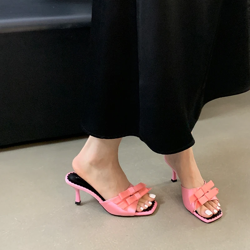 شباشب نسائية أنيقة بعقدة على شكل فراشة من الساتان بمقدمة مربعة وكعب عالي رفيع صنادل بسيطة فستان الحفلات أحذية للسيدات #6