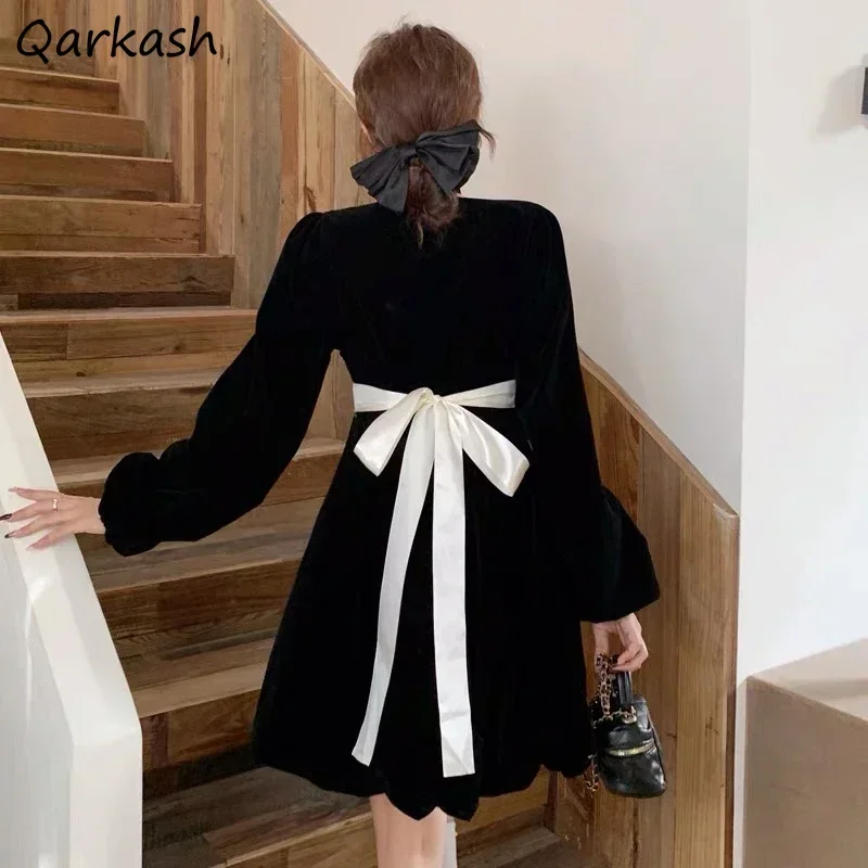 Kleider Frauen Velours Kreativität Bogen Vintage Casual Lose Elegante Schwarz Vestidos Herbst Herbst Zarte Definierte Taille Französisch Stilvolle