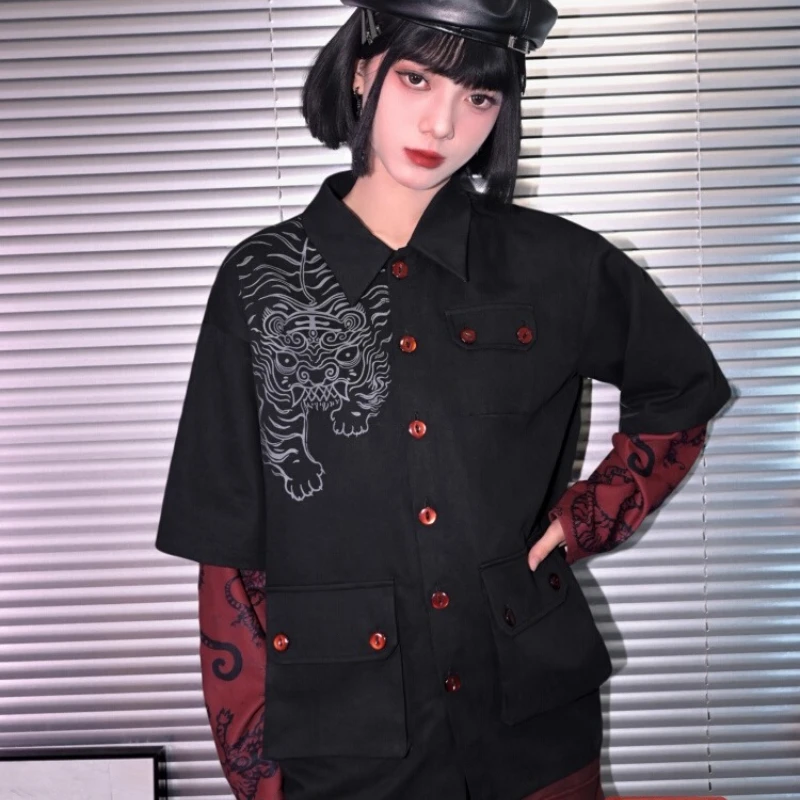 Veste faux deux pièces à manches imprimées en Patchwork de Style chinois pour femmes, manteau chemise à simple boutonnage au Design Unique, vêtements d'extérieur, nouvelle collection