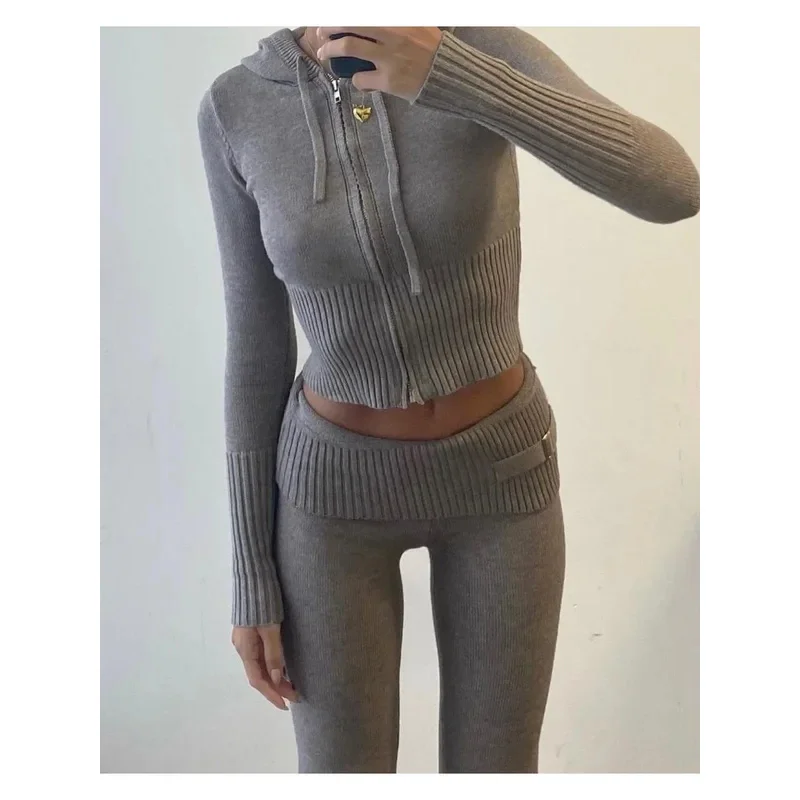 

JINIA Knit Fashion 2 Piece-Set Trousers Hoodie Tracksuit Women Crop top Knitwear And Women's Pants Sets Female Trousers Outfits