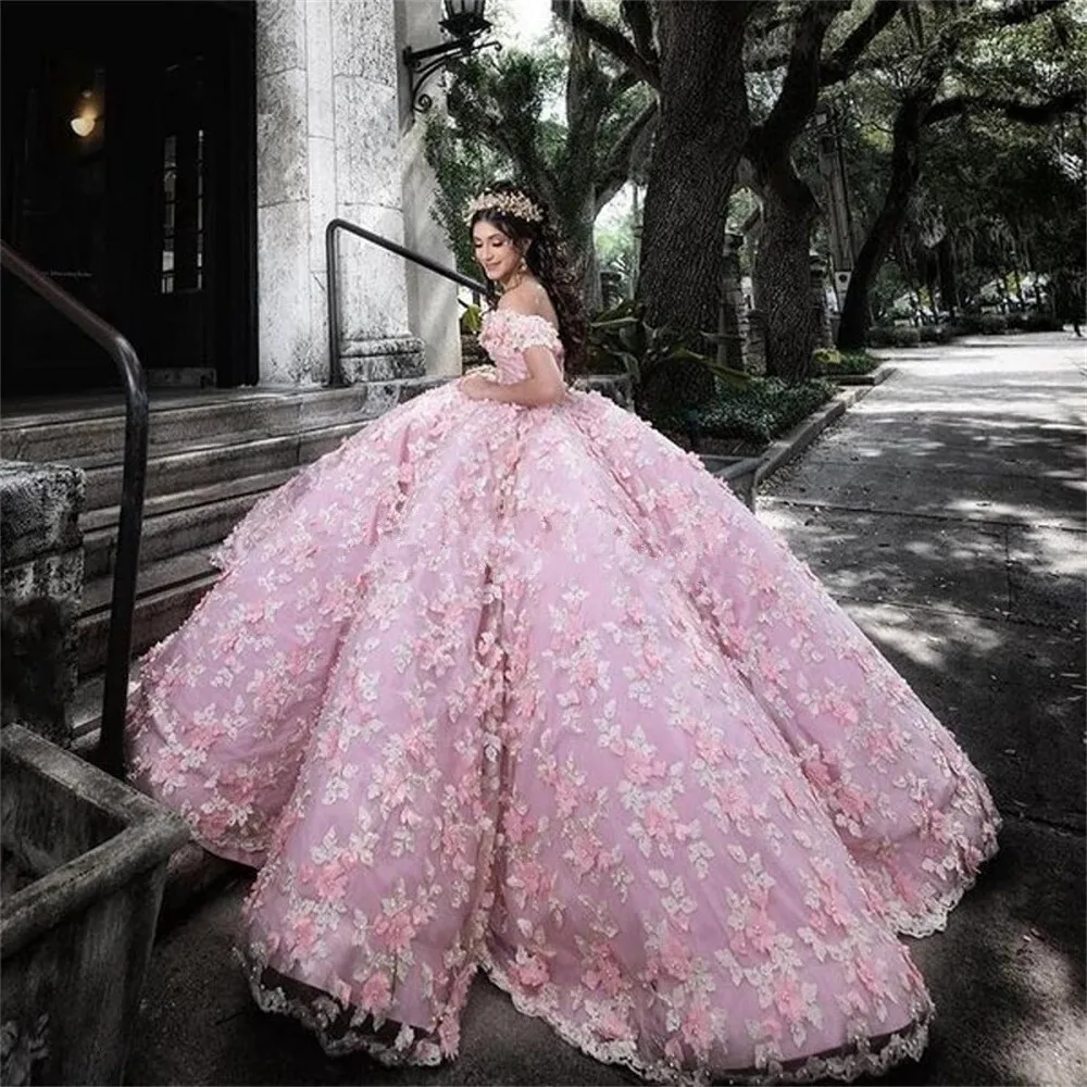 

Pink Lace Off Shoulder Quinceanera Dresses Princess Ball Gowns 3D Floral Butterfly Vestidos Para XV Aos Sweet 16 Dress Robe De