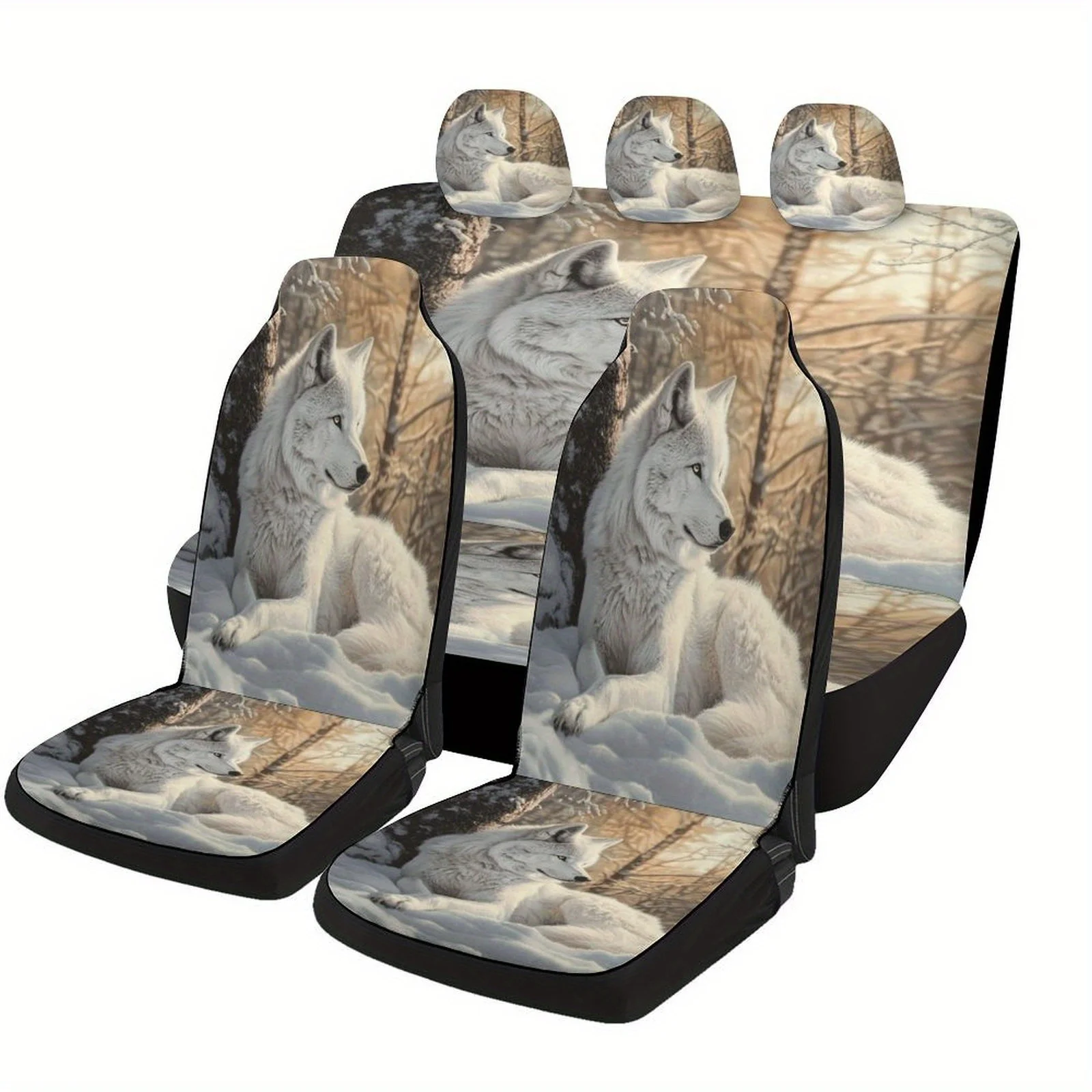 White Wolf In Snow Designed Car Seat Cover Set For Most Cars, Fashion Novelty Car Seat Protector Covers Full Set, Universal Car