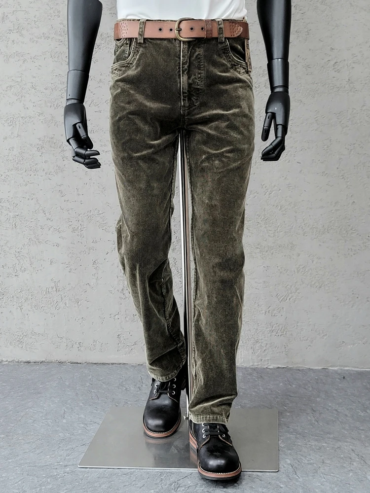 

Aimee Khaki Style Vintage coffee-dyed Corduroy Straight Trousers men's Corduroy Casual Pants