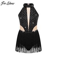 Kids Girls Latin Jazz Dance Dress Sleeveless Rhinestone Tassel Leotards Bodysuits Costumes for Tango Rumba Cha-cha Performance