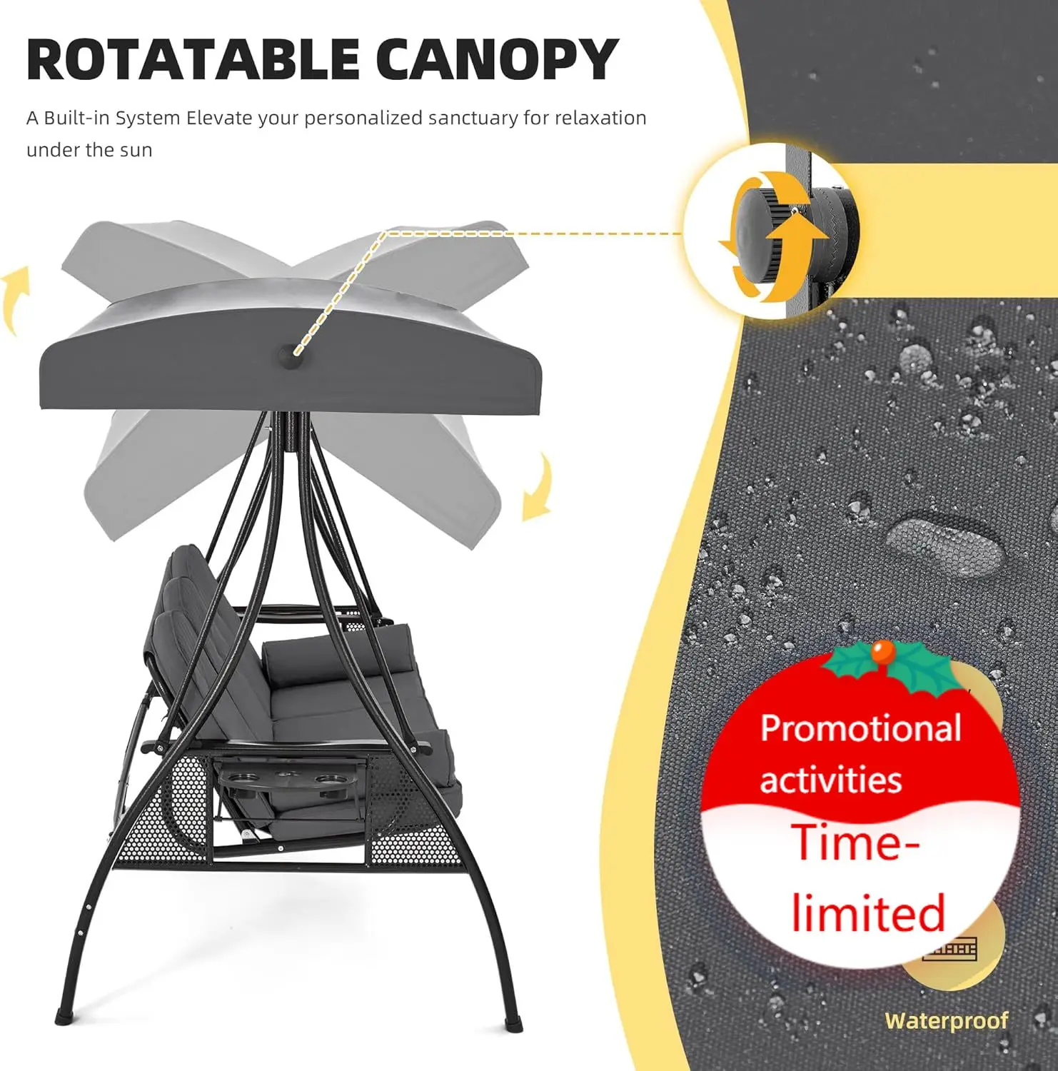 

Трехместные уличные качели-диван для террасы с улучшенным подстаканником 1,5 дюйма, регулируемым навесом, спинкой и всепогодной защитой