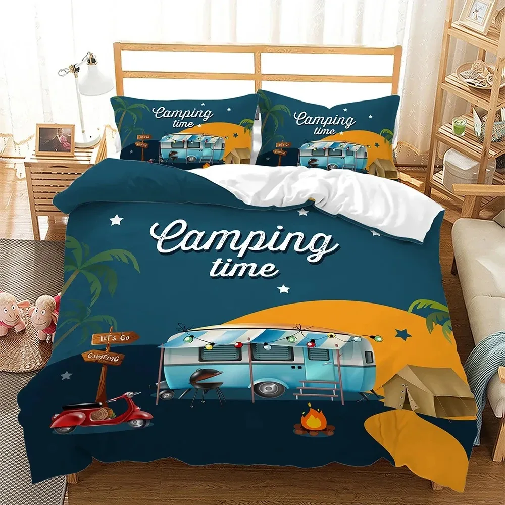 

Camper Time Print Bedding Set 3D Camping Car Duvet Cover Travel Theme Cartoon Camping Comforter Cover Full King For Teens Adult
