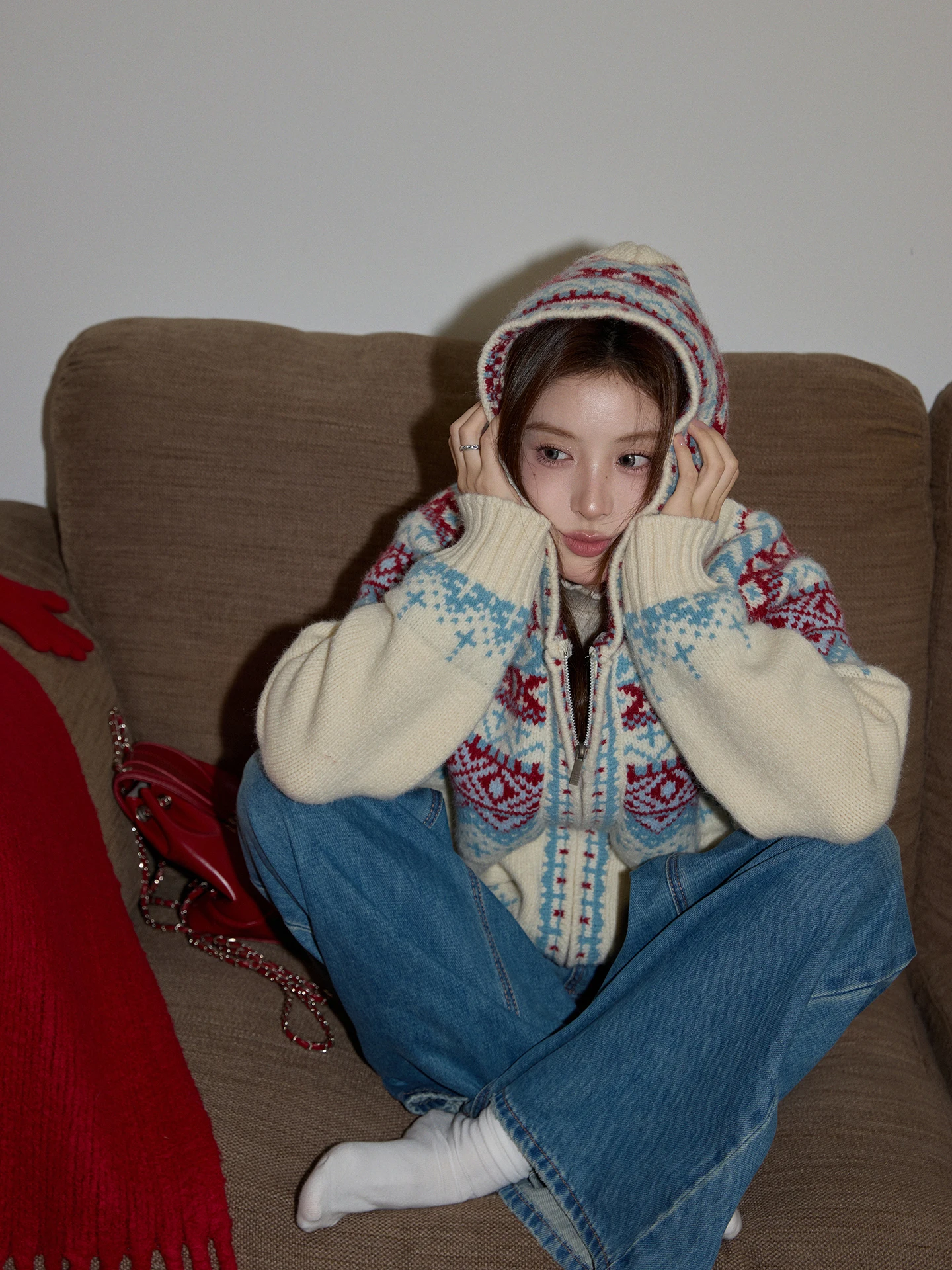 

Женский зимний теплый вязаный кардиган-пальто Chaocha Home в корейском стиле, бежевый, из шерсти, повседневный, на молнии