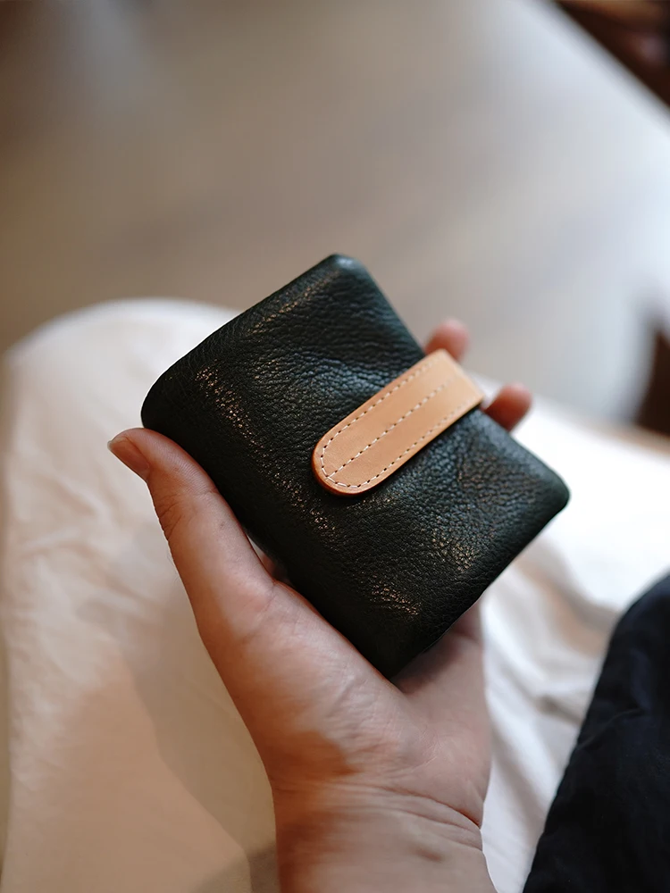 Vegetable Tanning Leather Soft Retro Contrast Color Small Buckle Leather Short Large-Capacity Wallet Wallet for Women